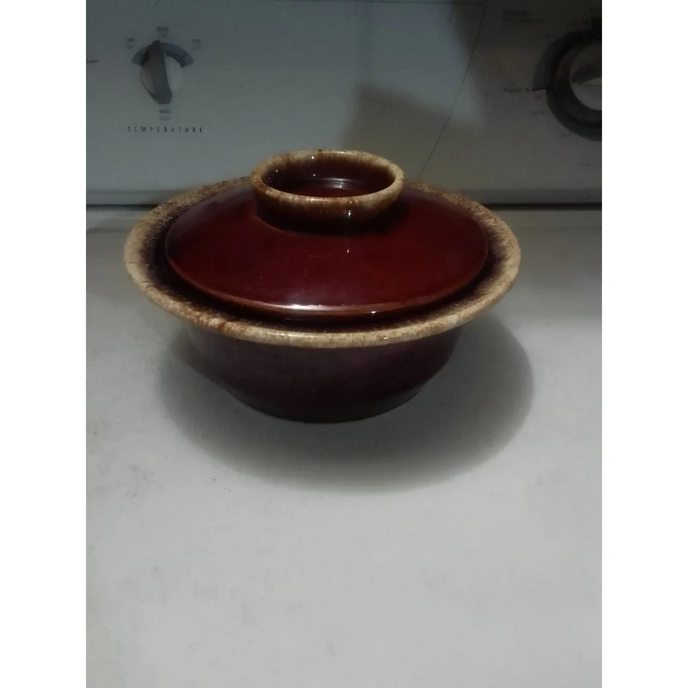 HULL Brown Glaze 2qt Oval Casserole Dish With Lid Oven Proof   10 x 7.5x4in